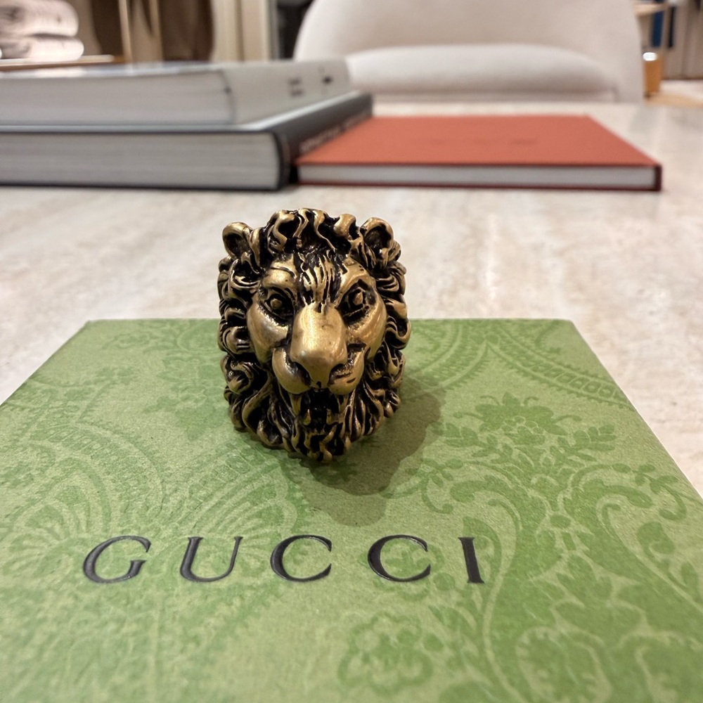Gucci Gold Brass Lion Head Ring